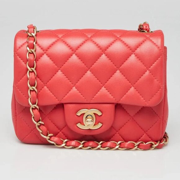 Chanel Red Quilted Lambskin Leather Classic Square Mini Flap Bag - Picture 1 of 9